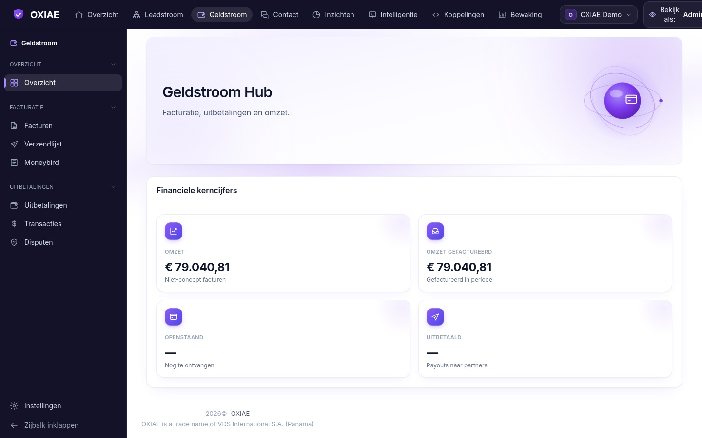OXIAE lead platform cockpit: Cash flow